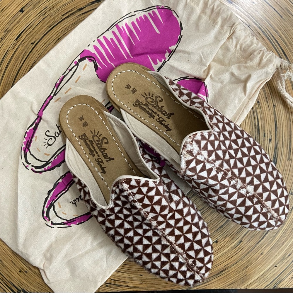 Sabah Hair Leather Baba Slides sz 40, 8.5